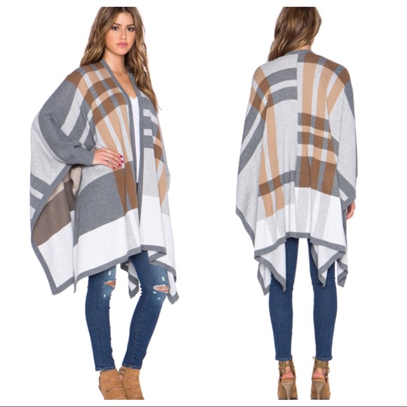 Bailey 44 Sweaters - Bailey 44 Plaid Noho Poncho Sweater XS Grey Brown